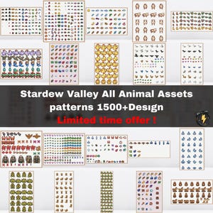 May include: A selection of framed digital art prints showcasing diverse animal designs, such as ducks and cows, arranged on a white backdrop. The image includes text: "Stardew Valley All Animal Assets patterns 1500+Design Limited time offer!"