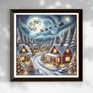 Noël Noël étoilé au point de croix, village d'hiver | Modèle de point de croix Père Noël | Décoration de Noël | Neigeux