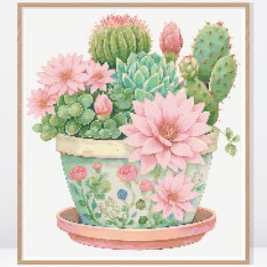 Sukkulenten Kaktus Topf Kreuzstich Anleitung • Modernes Kreuzstichmuster • Gezählte Kreuzstichvorlage • Blumen Kreuzstich Anleitung • FW099