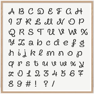 May include: A black and white alphabet font chart with uppercase and lowercase letters, numbers, and punctuation marks.