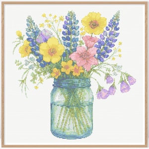 Wildflower Bouquet in Jar Cross Stitch Pattern • Modern Cross Stitch Pattern • Counted Cross Stitch Chart • FW068