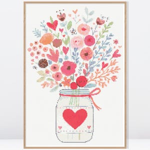 Wildflowers In Heart Jar Cross Stitch Pattern • Modern Cross Stitch Pattern • Counted Cross Stitch Chart • FW013