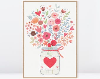 Wildflowers In Heart Jar Cross Stitch Pattern • Modern Cross Stitch Pattern • Counted Cross Stitch Chart • FW013