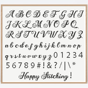 May include: Black and white alphabet and number cross stitch pattern with the text "Happy Stitching!"