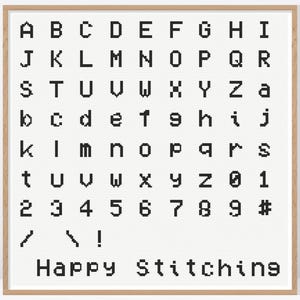 May include: A black and white alphabet and number cross stitch pattern with the text "Happy Stitching".