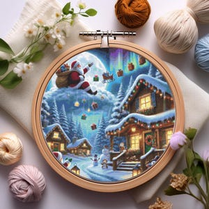 Motifs de Noël au point de croix Village d'hiver du Père Noël | Modèle de point de croix Père Noël | Décoration de Noël | Paysage de neige