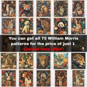 Könnte beinhalten: Eine Sammlung gerahmter Kunstdrucke mit verschiedenen Tieren, darunter ein Leopard und ein Rotfuchs, vor floralen Hintergründen. Der Text lautet: "Sie können alle 75 William Morris Muster zum Preis von nur 1 Angebot für begrenzte Zeit erhalten!"