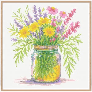 Wildflowers In Mason Jar Cross Stitch Pattern • Watercolor Cross Stitch Pattern • Counted Cross Stitch Chart • FW015