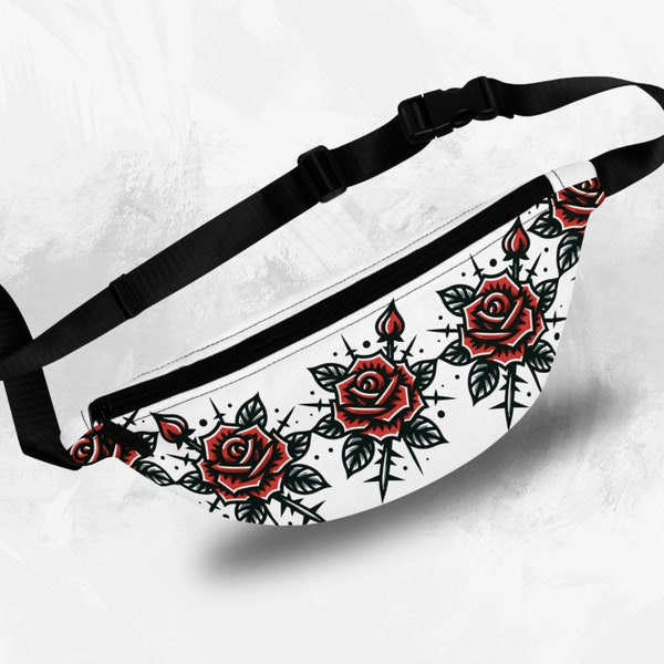 Gothic Tattoo Style Rose Fanny Pack Rose Festival Concert Hip Pouch Traditional Tattoo Red Rose Cross Body Red Rose Waist Pack Floral Fanny
