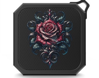 Altoparlante Bluetooth impermeabile con rosa gotica, stile tatuaggio gotico, altoparlante wireless con rosa rossa, altoparlante impermeabile, altoparlante esterno, moschettone