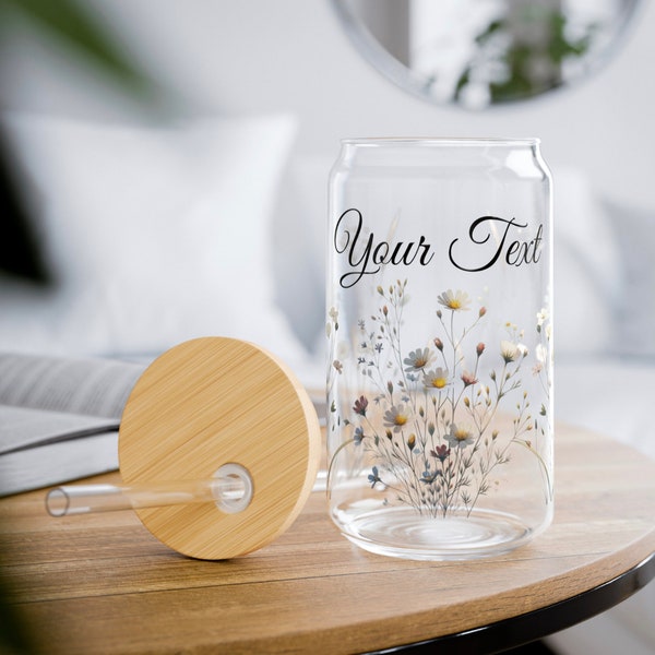 Personalized Wildflower Glass Tumbler Floral Glass Cup With Straw Lid Botanical Glass Iced Coffee Cup Floral Ice Tea Cup Bridal Party Gift