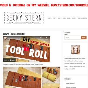 May include: A tutorial on how to make a waxed canvas tool roll. The image shows a close-up of the tool roll with the text "DIY WAXED CANVAS TOOL ROLL" on it. The image also shows a woman's face in the top left corner.