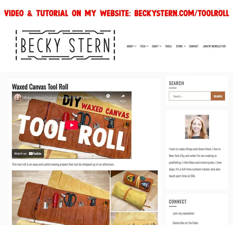 May include: A tutorial on how to make a waxed canvas tool roll. The image shows a close-up of the tool roll with the text "DIY WAXED CANVAS TOOL ROLL" on it. The image also shows a woman's face in the top left corner.