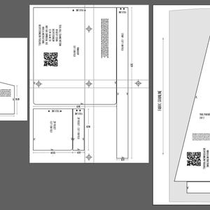 May include: A sewing pattern for a tote bag with a suggested fabric layout. The pattern includes instructions for cutting and assembling the bag. The pattern is designed for a tote bag with a zipper closure and a handle.
