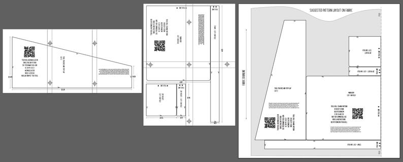 May include: A sewing pattern for a tote bag with a suggested fabric layout. The pattern includes instructions for cutting and assembling the bag. The pattern is designed for a tote bag with a zipper closure and a handle.