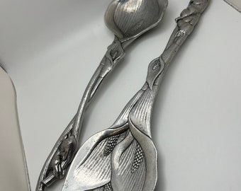 Vintage Arthur Court Calla Lily and Rabbit Serving Spoon & Fork Set Signed 1991