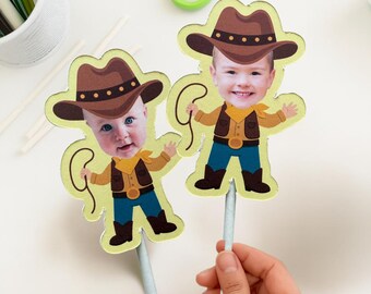 Custom Cowboy Cupcake Topper – Western Birthday Decoration, Personalized Baby Face Topper, Wild West Party Favor, Rodeo Theme Cupcake Pick