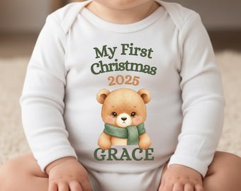 My First Christmas Onesie • Personalized Teddy Bear Baby Outfit • Neutral Holiday Baby Bodysuit • Christmas Photo Outfits