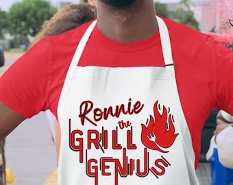 Personalized BBQ Chef's Hat & Apron Combo - Grill Genius Custom Gift - Mens Apron Set- Apron with Cap - Gift for Husband, Boyfriend, Dad
