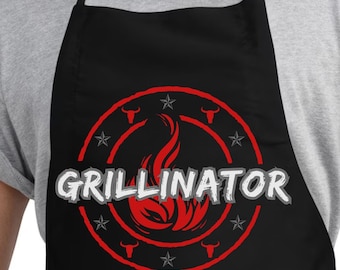 BBQ "Grillinator" Chef Hat & Apron Combo | Unique Grill Master Gift | Mens Apron Set- Apron with Cap - Gift For Your BBQ King