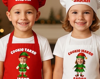 Custom Christmas Baking Apron Set | Personalized Photo Elf Apron & Chef Hat | Kids Holiday Gift | Matching Family Cookie Baking Tradition