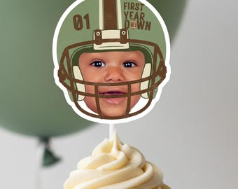 Vintage Neutral Football Cupcake Toppers | First Year Down | Face Photo 1st Birthday Sports Party Decor | Personalized One Year Down Bundle