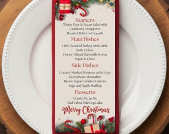 Christmas Dinner Table Menu | Holiday Party Menu Card | Personalized Elegant Holiday Dinner Menu | Custom Family Name Christmas Table Decor
