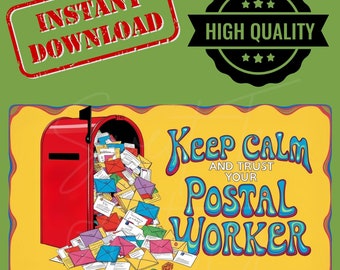 Groovy Postal Worker PNG: Keep Calm Stamp Design (Digital Download)