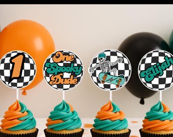 Spooky One Birthday Cupcake Toppers, Boy’s First Birthday Halloween Party Decorations, One Cool Dude Skateboard Theme, Personalized Name