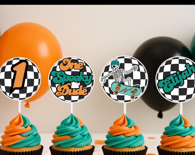 Featured listing image: Spooky One Birthday Cupcake Toppers, Boy’s First Birthday Halloween Party Decorations, One Cool Dude Skateboard Theme, Personalized Name
