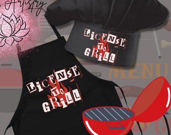 Chef's Hat and Apron Combo - BBQ Design "License to Grill" - Perfect Gift for Grill Masters - Christmas, Birthday, Father's Day