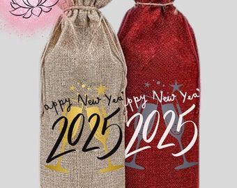 New Year 2025 Wine Bottle Gift Bag: Silky Burlap, Drawstring
