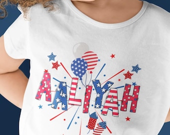 4th of July T-Shirt | Custom Patriotic Name Kids Shirt | American Flag Letters with Balloons | Independence Day Outfit | USA Sparkler Design