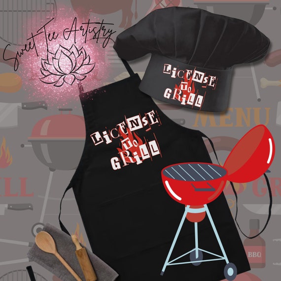 Chef's Hat and Apron Combo - BBQ Design "License to Grill" - Perfect Gift for Grill Masters - Christmas, Birthday, Father's Day