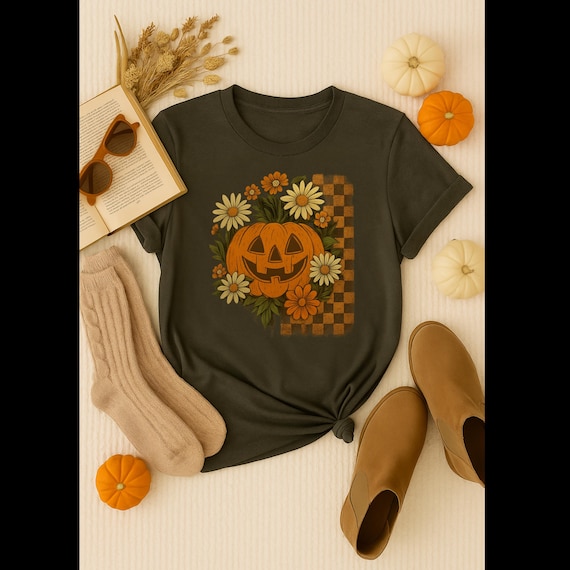 Retro Pumpkin Floral Halloween Shirt – Vintage Fall Jack-o’-Lantern Tee, Cozy Autumn Aesthetic Shirt, Spooky Cute T-Shirt for Pumpkin Season