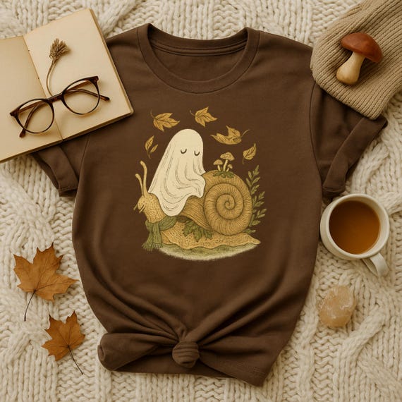 Whimsical Ghost Riding a Snail Shirt – Cottagecore Fall T-Shirt – Forestcore Mushroom Shirt – Cozy Halloween Snail Aesthetic Tee