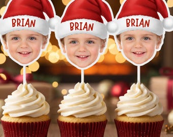 Santa Hat Cupcake Toppers with Child’s Photo | Custom Face Christmas Topper | Oh What Fun & ONEderland Party Decor | Kids Name Cupcake Picks