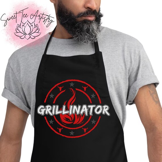 BBQ "Grillinator" Chef Hat & Apron Combo | Unique Grill Master Gift | Mens Apron Set- Apron with Cap - Gift For Your BBQ King