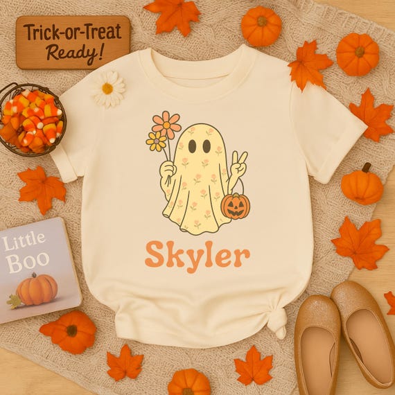 Personalized Floral Ghost Halloween Shirt for Kids – Custom Name Peace Sign Boo Crew Tee – Fall Toddler Girl Shirt – Cottagecore Ghost Shirt