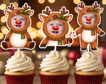 Reindeer Face Cupcake Toppers – Custom Photo Rudolph Décor for Kids Christmas or Oh What Fun to Be One Birthday Party - Boy or Girl Birthday