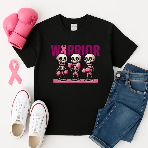 Breast Cancer Awareness Warrior T-Shirt or Sweatshirt with Pink Skeletons and Pink Ribbon Design