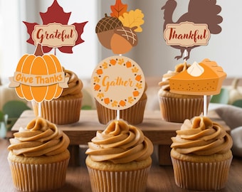 Thanksgiving Cupcake Toppers – Pumpkin Pie, Turkey, Leaf, Acorn Designs | Custom Fall Party Decor | Personalized Friendsgiving Dessert Picks