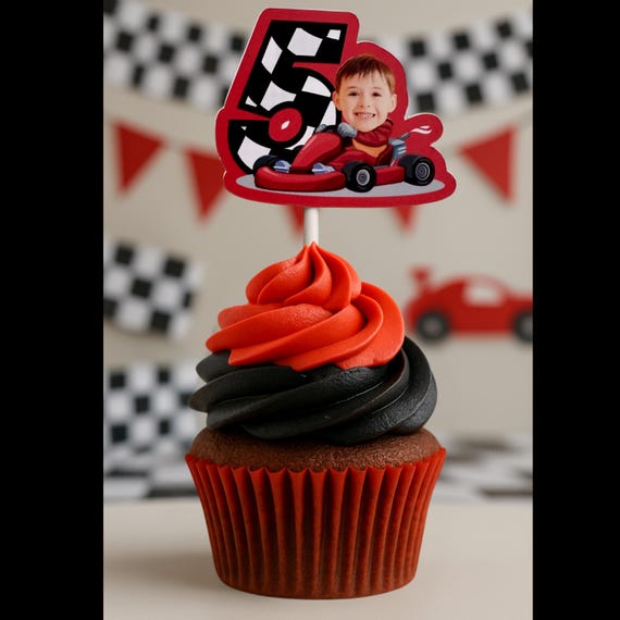 Race Car Birthday Cupcake Toppers – Personalized Photo Picks for Racing Party – Red & Black 2 Fast Theme Decorations