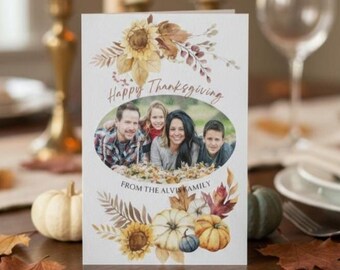 Personalized Thanksgiving Card | Custom Family Photo | Sunflower & Pumpkin Holiday Greeting 5.5x8.5 Glossy Card or Digital Download
