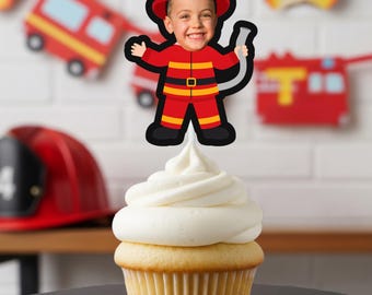 Firefighter Cupcake Toppers | Personalized Fireman Face Birthday Party Decor | First Birthday | Firetruck Party Supplies | Party Bundle
