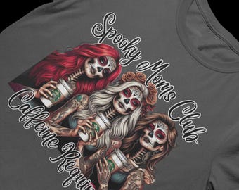 Spooky Moms Club Caffeine Required Boho Skeleton Halloween T-Shirt PNG digital download, Boo-Jee, Bougie Mom, Spooky Vibes, Sublimation, DTF