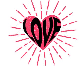 Retro Sunburst Love Heart PNG: Black & Pink Design (Digital Download)