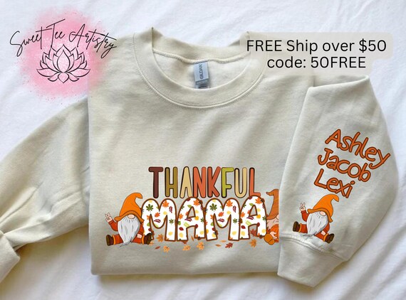 Personalized Fall Thankful Mama Cozy Sweatshirt - Thanksgiving Gnome Mom T-Shirt - Family Tree Shirt - Gifts For Mom - Autumn Mama Present