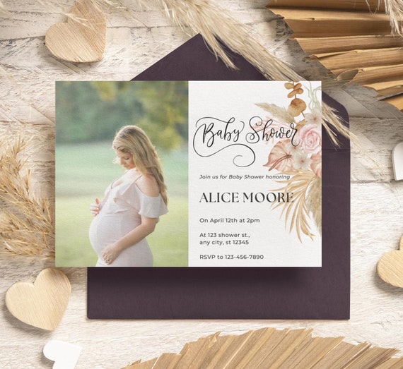 Photo Baby Shower Invitation Template, Boho Floral Invite With A Photo, Editable Invitation Download With A Photo, Canva Template