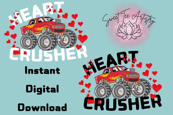 Valentine's Day Heart Crusher Monster Truck PNG Duo, Black and White - Adorable Heart Digger Monster Truck Valentine's Day Clipart Set